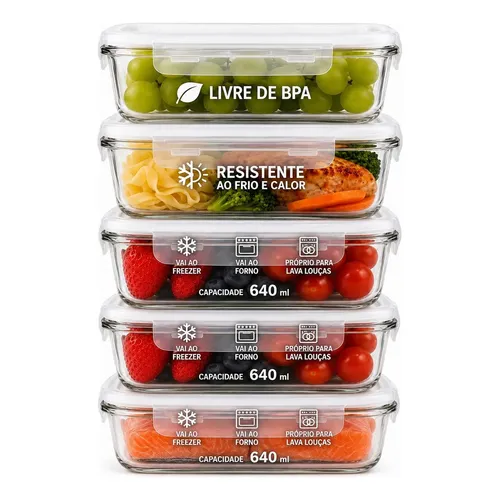 Kit 5 Potes Vidro 640ml Hermético Marmita Forno Refratário Transparente