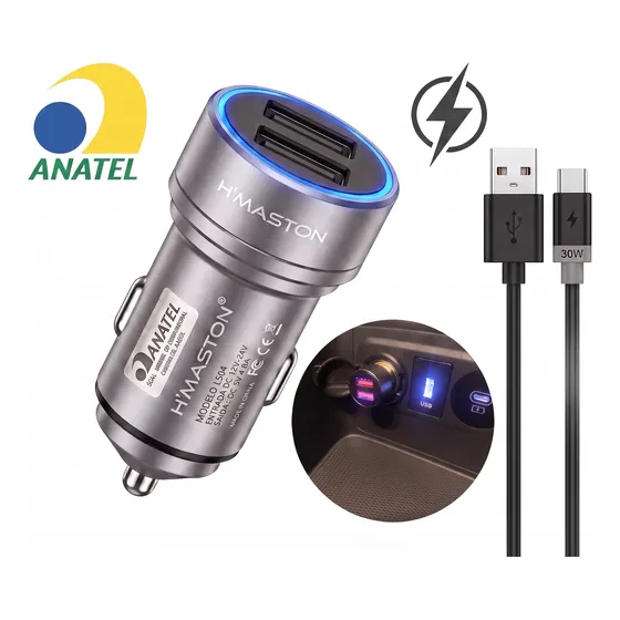 Carregador Veicular Turbo 2 Usb + Cabo De Carregamento Usb-c