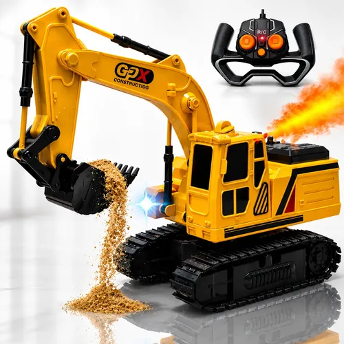 Brinquedo Maquina Escavadeira Controle Remoto Com Fumaça Luz Amarelo Máquina Escavadeira