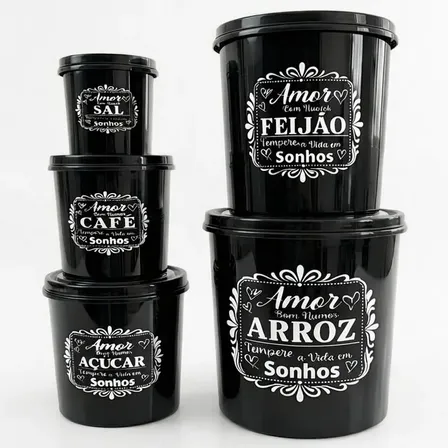 Kit De Jogo Mantimentos 5 Peças Potes Plástico Resistente Preto