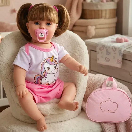 Bebê Boneca Reborn Menina Maddie Unicórnio Com Bolsa