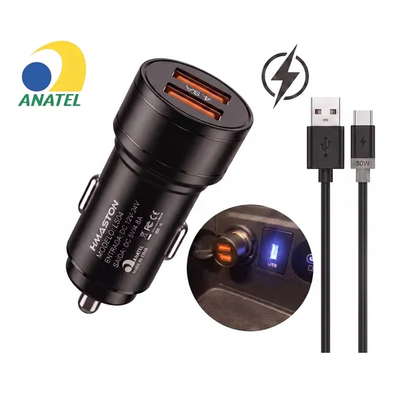 Carregador Veicular Turbo 2 Usb + Cabo De Carregamento Usb-c