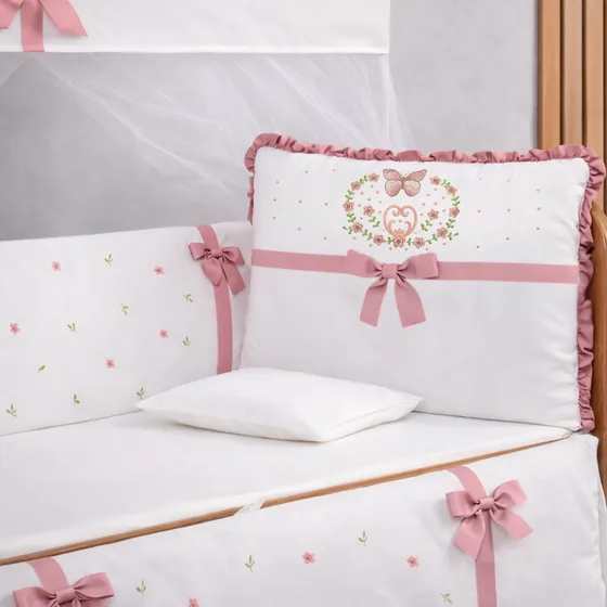 Kit Berço Menina Americano 10 Peças Laços Rose E Mosquiteiro