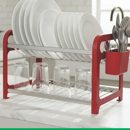 Escorredor Secador De Louça 16 Pratos Aço Inox Porta Talher Vermelho