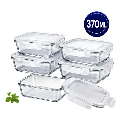 Kit 5 Potes Vidro Hermético 370ml Retangular Marmita Transparente