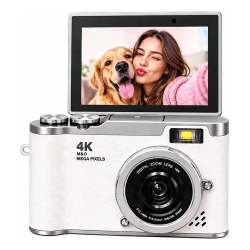 Câmera Digital Retro Com Zoom Tela Flip Para Selfie Portátil Branco