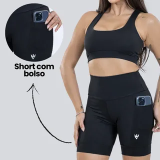 Conjunto Academia Zero Transparência Top E Short Com Bolsos Preto G