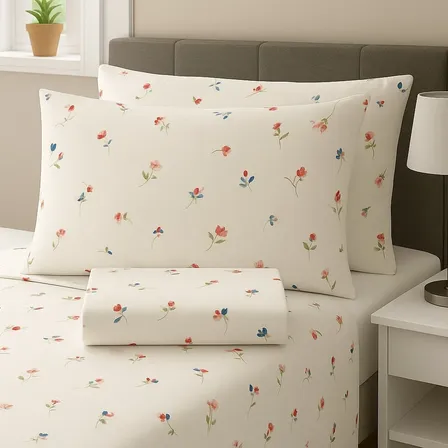 Jogo De Lençol Casal Estampado 3 Peças Algodão Tecido Suave Coral-claro Florzinhas