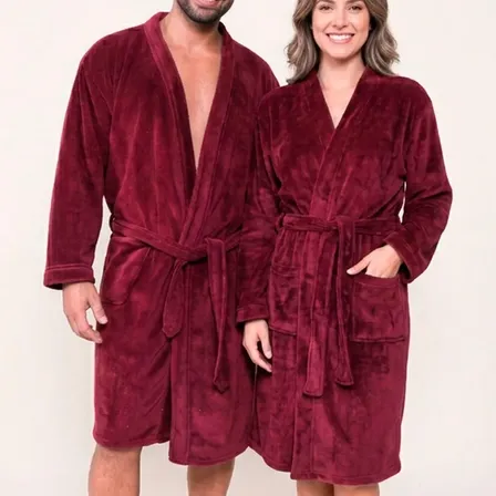 Roupão Microfibra Benévola Manga Longa Fleece Flanel Inverno Vinho Bloodstone Liso M