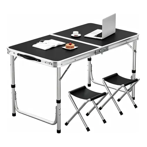 Mesa Dobrável Portátil Camping Maleta 90x60cm Com 2 Bancos Preto