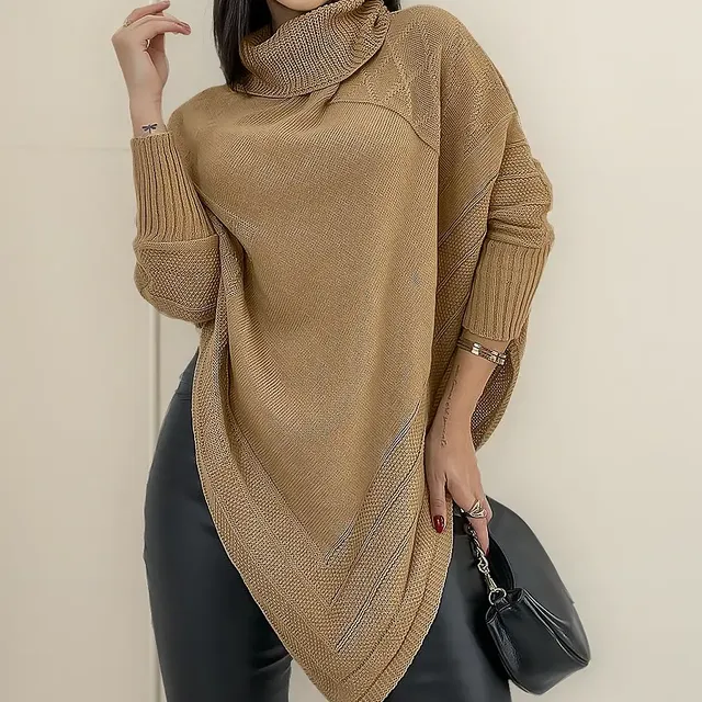 Blusa Poncho Tricot Assimétrico Alongado Manga Longa Suéter Nude Único
