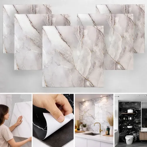 Kit 30un Placa Adesiva Mármore 3d 60x60cm Autocolante Parede Branco E Dourado