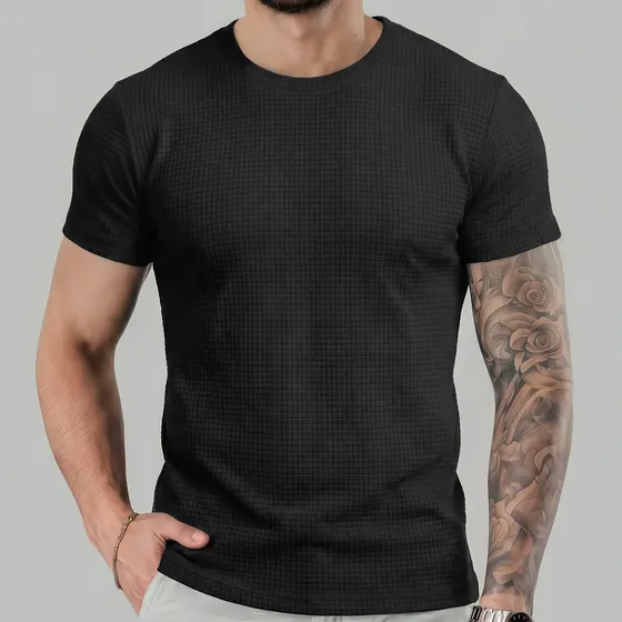 Camiseta Canelada Texturizada Quadradinho Masculina Básica