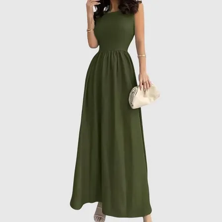Vestido Feminino Moda Evangélica Longo Bolsos Elegante Verão Verde-militar M