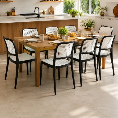Kit 6 Cadeiras Mônaco Rattan Empilhavél Cozinha Sala Jantar Arabesco Preto Branco