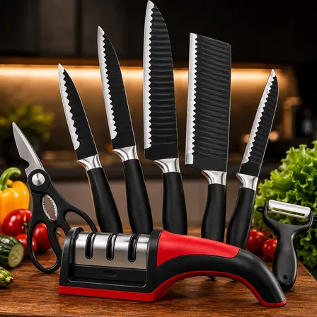 Jogo De Facas E Afiador Inox Profissional De Cozinha 7 Peças Preto