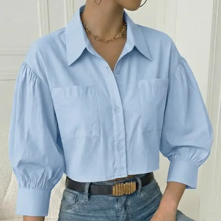 Blusa Camisa Feminina Manga Longa Bufante Botões Moda Social Azul-claro M