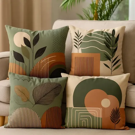 Kit 4 Capas De Almofadas Moderna 45x45 - Floral Verde E Bege