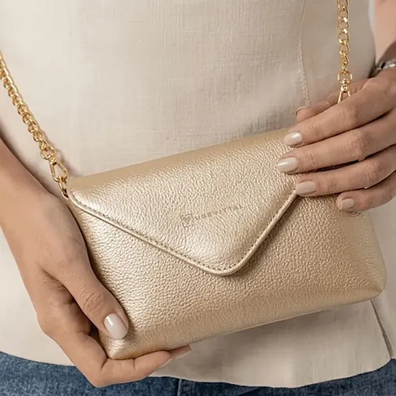 Bolsa Feminina Envelope Vittal Eloá Couro Croco Dourado