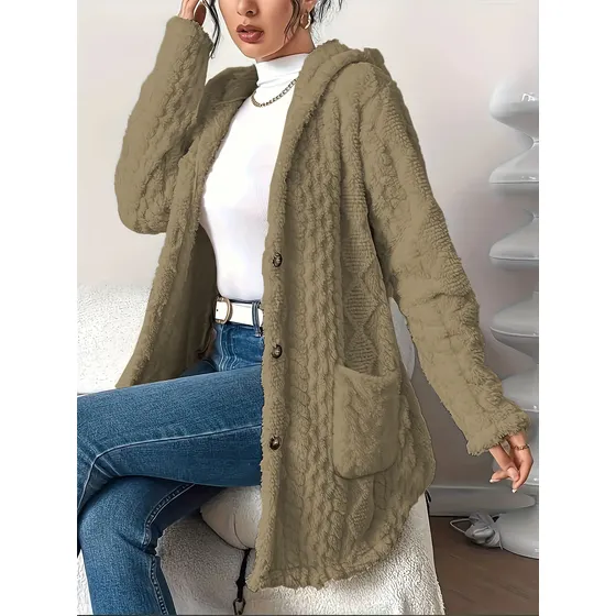 Cardigã Longo Tricot Com Capuz E Bolsos Feminino