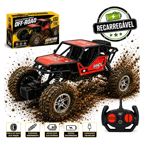 Carrinho Controle Remoto Off Road Monster Truck Recarregavel Vermelho E Verde