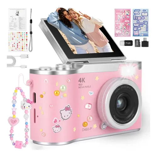 Câmera Fotografica Digital 4k 64mp Com Tela Ips De 180°+32gb Rosa
