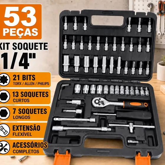 Kit Soquete 53 Peças 1/4 Com Catraca E Maleta Profissional