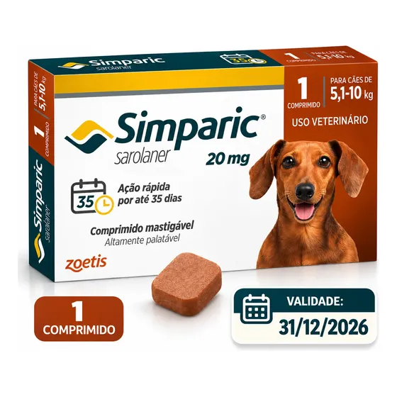 Simparic 20mg 1 Compr. Antipulgas Carrapatos Cães 5 A 10kg