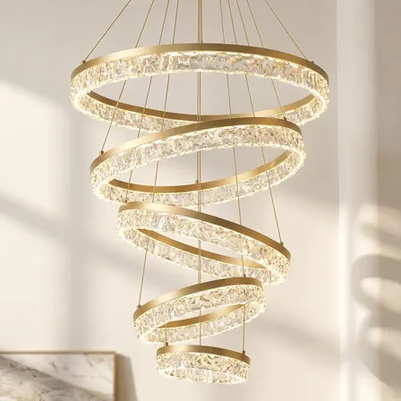 Lustre De Cristal Led 5 Anéis Dourado Moderno Luxo Pendente 110v/220v Bivolt 5 Anéis Redondo - Dourado