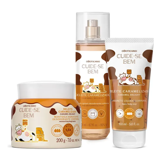 Combo Cuide-se Bem Deleite Caramelizado: Manteiga Corporal 200g + Body Splash 200ml + Sabonete Líquido 150ml