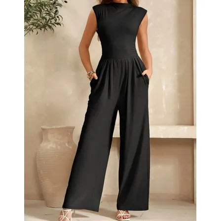 Macacão Longo Feminino Social Pantalona Elegante Com Bolsos Preto Liso G