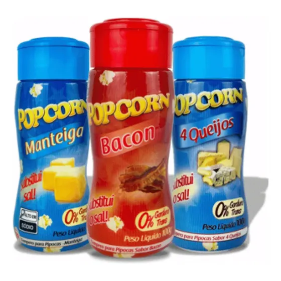 Combo 3 Temperos Popcorn Sabor Manteiga, 4 Queijos E Bacon