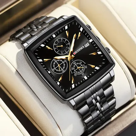 Relógio Masculino Quadrado Cronômetro Multifuncional Quartz Preto