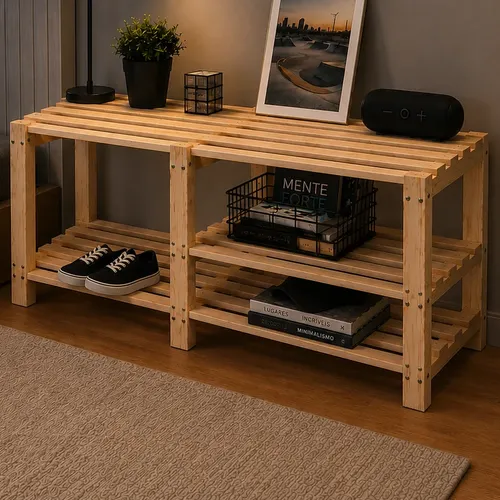 Sapateira Banco Madeira Pinus Natural Organizador Closet Palha