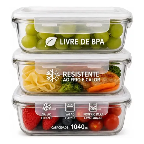 Kit 3 Potes Vidro 1040ml Hermético Marmita Forno Refratário Transparente