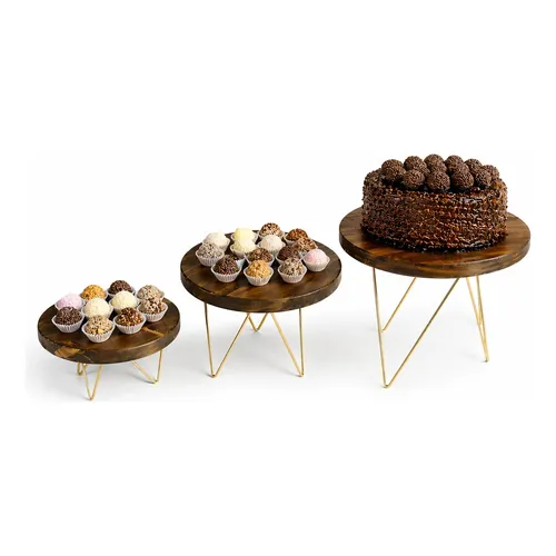 Kit 3 Boleiras Suporte Doces Madeira Pés Ferro Dourado Festa