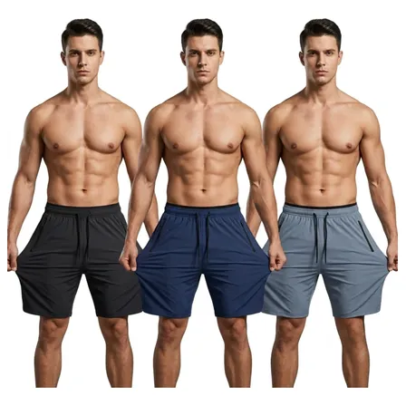 Kit 3 Shorts Masculino Dry Fit Bolso Zíper Corrida Academia Preto / Cinza / Marinho Liso G