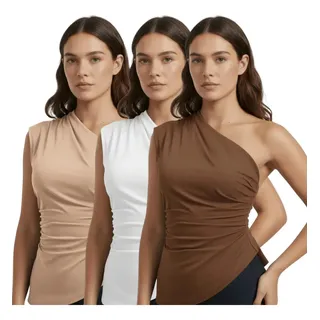 Kit 3 Blusa Feminina Elegante Mula Manca Assimétrica Casual Preto-nude-marrom G