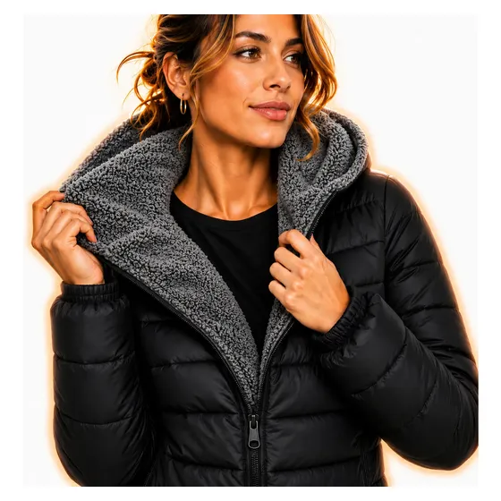 Jaqueta Feminina Peluciada Bobojaco Puffer Com Capuz Inverno Preto Xg