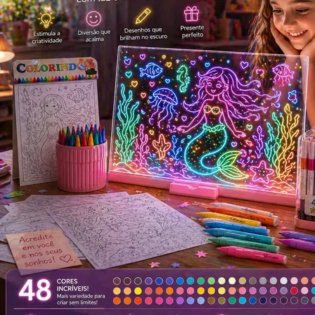 Lousa Mágica Led Infantil Kit Canetinhas Acrílicas +desenhos Estojo 48 Canetinhas Acrílicas E Desenhos