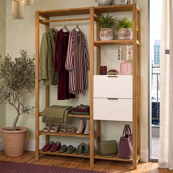 Estante Arara Cabideiro Quarto Roupas Madeira Duas Portas