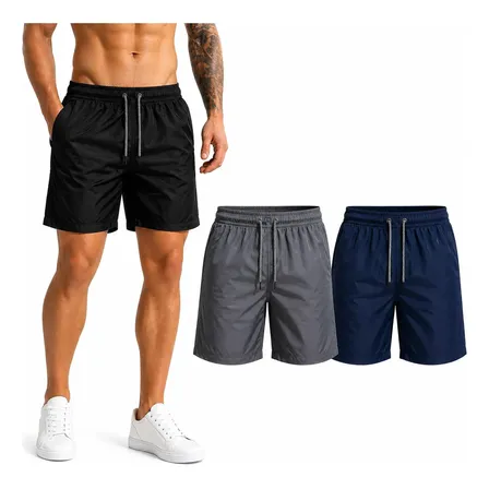 Kit 3 Shorts Masculinos Tactel Praia Academia Preto - Cinza - Azul Lisa Gg