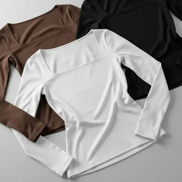 Kit 3 Blusa Manga Longa Inverno Decote Gola Quadrada Marrom-branco-preto P