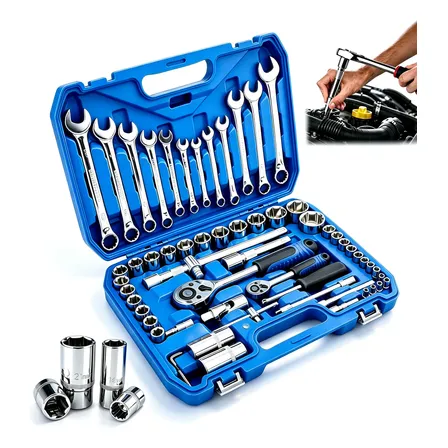 Jogo Soquete Chave Combinada Catraca Com Maleta Kit 61 Pcs Azul