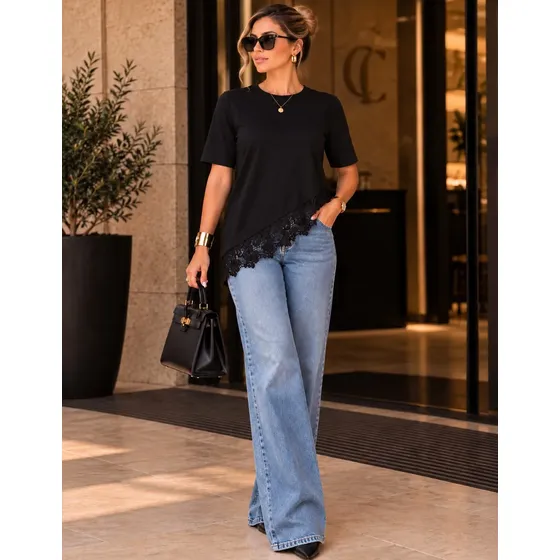Blusa Feminina Assimétrica 100%algodão Com Detalhe Em Renda