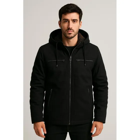 Jaqueta Sarja Masculina Forrada Com Capuz Removível Plus