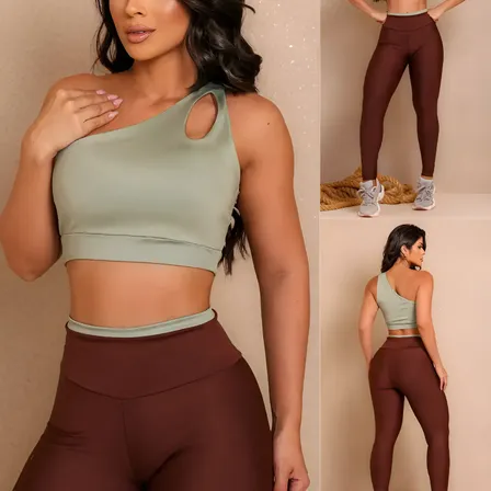 Conjunto Fitness Top Nula Manga E Calça Academia Bicolor