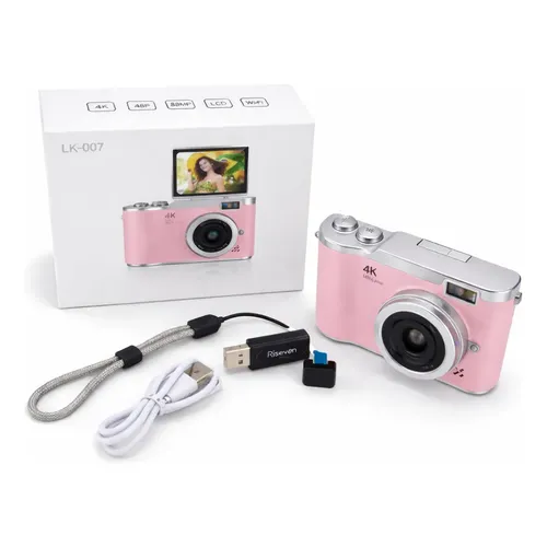 Câmera Digital 4k Com Tela Flip 2.4 Gravações Vintage Rosa