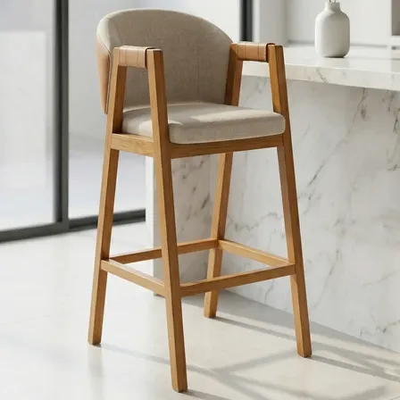 Banqueta Liz Estofada Área Gourmet Amadeirada House Inbox 100 Cm Linho Bege Com Corino Caramelo