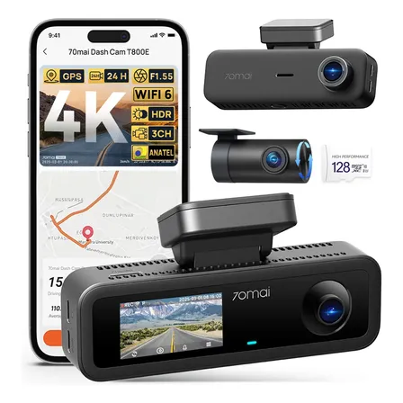 Câmera Veicular 4k Hdr 3 Canais 70mai T800e-1 Gps 24h App T800e-1 Com Sd 128g